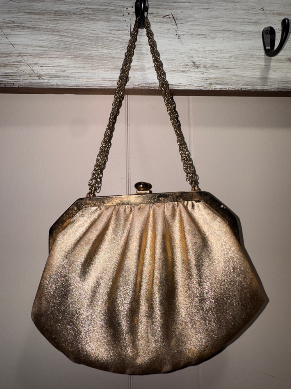 Vintage Gold Evening Clutch Purse Mid Century Satin Lined Chain Formal Bag 1940s